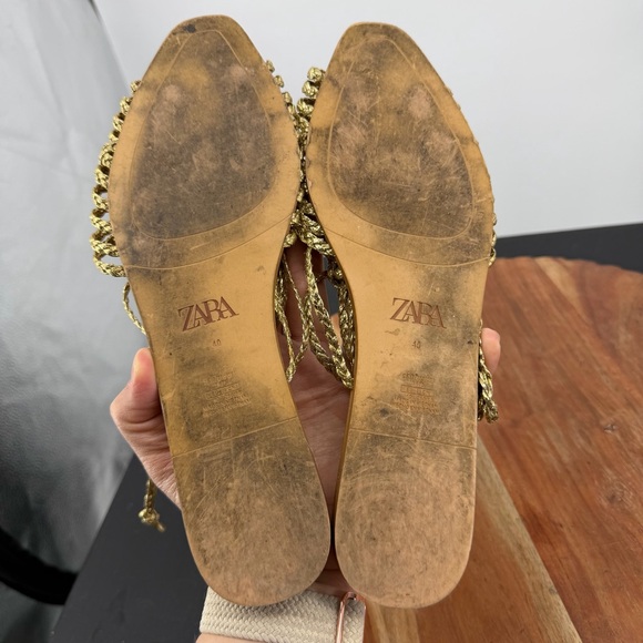 Zara Gold Gladiator Sandals braided straps sz 40 US 9.5 ankle tie - Picture 6 of 6